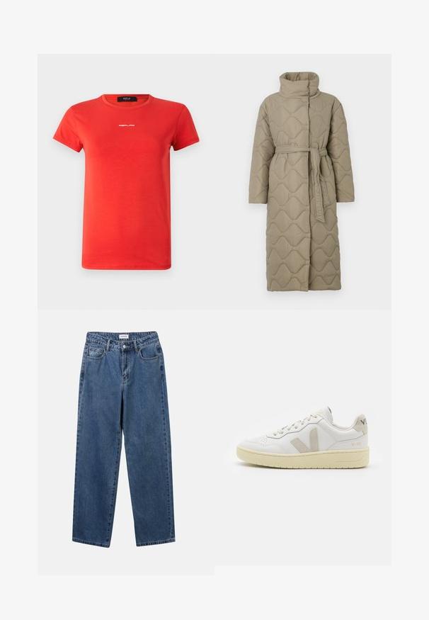 Garšs pelēkbrūns quiltēts mētelis ar augstu apkakli un atbilstošu auduma jostu, kas sasieta ap vidukli, ar viļņu raksta šuvēm visā virsmā.; Raitaināta džemperis ar pelēkajām un bežām krāsām, augstu apkakli, platām aprocēm un brīvu piegriezumu ar īsu dizainu.; Replay LOGO - Pamata T-krekls - red; Klasiskie zili džinsi ar taisnu kāju dizainu, pieciem kabatām un pogu aizdari. Iezīmējas ar vidēju mazgāšanu un izturīgu tekstūru.; Baltas ādas sporta apavu pāris ar bēšiem zamša akcentiem, caurumiņu purngalā, plakanu šņorēšanu un teksturētu krēmkrāsas zoli. Iezīmējas ar diskrētu zīmolu uz papēža.