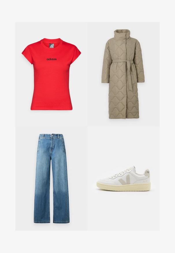 Manteau lung de culoare taupe, matlasat, cu guler înalt și curea din același material legată în talie, având o broderie în formă de valuri pe întreaga suprafață.; Pulover tricotat cu dungi, în culori gri și bej, guler înalt, mâneci late cu manșete și o croială lejeră cu un design scurt.; Tricou roșu ajustat din bumbac, cu mâneci scurte răsucite și un logo "adidas" negru pe piept. Textură netedă și decolteu rotund.; Jeans din denim bleu deschis, cu croiala largă și talie înaltă, având două buzunare frontale, bucle pentru curea și o textură ușor decolorată.; Pantofii sport din piele albă cu accente din suede bej, cutie pentru degete perforată, șireturi plate și o talpă texturată de crem. Prezintă branding subtil pe călcâi.