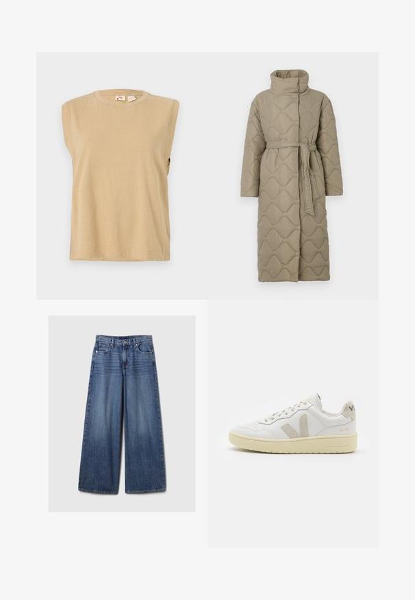 Long taupe quilted coat with high collar and matching fabric belt tied at the waist, featuring wave-pattern stitching throughout.; Striped knit sweater featuring gray and beige colors, high neck, wide cuffed sleeves, and a relaxed fit with a cropped design.; Beige sleeveless top made of soft fabric, featuring a round neckline and a relaxed fit with minimal stitching details.; Wide-leg blue denim jeans with a faded finish, featuring a button and zipper closure, five pockets, and belt loops.; White leather sneaker with beige suede accents, perforated toe box, flat laces, and a textured cream sole. Features subtle branding on heel.