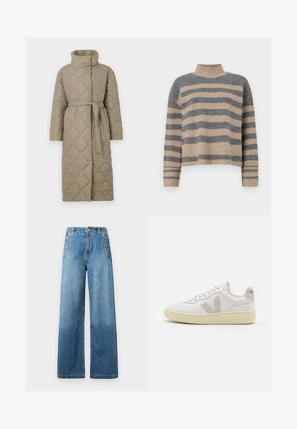 Dugi taupe kaput s kvadrama s visokim ovratnikom i remenom od istog materijala zavezanim u struku, s valovitim uzorkom šivanja kroz cijelu površinu.; Prugasti pleteni džemper u sivoj i bež boji, s visokim ovratnikom, širokim rukavima s manžetama i opuštenim krojem koji je skraćen.; Svijetloplavi traper široki hlače s visokim strukom, koje sadrže dva prednja džepa, petlje za remen i suptilan izblijeđeni uzorak.; Bijele kožne tenisice s bež nubuk naglascima, perforiranim prednjim dijelom, ravnim čipkama i teksturiranom kremastom potplatom. Sadrži suptilni brend na pete.