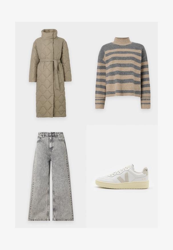 Hosszú taupe színű steppelt kabát magas gallérral és azonos anyagból készült övvel, amely a deréknál van megkötve, hullámmintás varrással az egész felületen.; Csíkos kötött pulóver szürke és bézs színekkel, magas gallérral, széles mandzsettás ujjal és laza, rövidített fazonnal.; Fakó fekete denim széles szárú farmer, magas derékkal, klasszikus öt zsebes kialakítással és látható varrási részletekkel.; Fehér bőr sneaker bézs velúr részletekkel, perforált orr résszel, lapos fűzőkkel és textúrált krémszínű talppal. Finom márkajelzés található a sarkán.