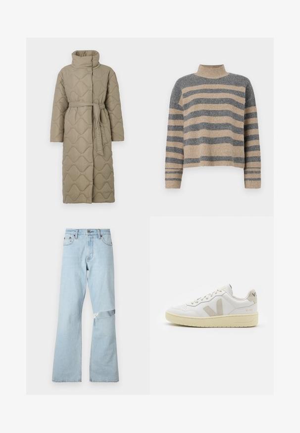 Pikk taupe värvi tikitud mantel kõrge kraega ja sobiva materjalist vööga, mis on seotud vöökohal, ning kogu ulatuses on lainelise mustriga tikand.; Triibuline kudumipusa, millel on hallid ja beezid toonid, kõrge kaelus, laiad mansetid ja vabalt langev lõige koos lühendatud disainiga.; Heledsinised teksad, millel on laienev disain, kusjuures põlve juures on kulunud laik ja ees on tavalised taskud.; Valge nahast tenniseking, millel on beežist siidist aktsent ja aukudega varvas, lame paelad ja tekstureeritud koorevärvi tallad. Omab nüansirikast brändimist kannal.