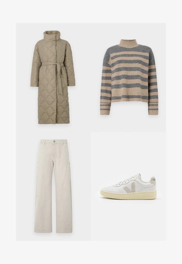 Manteau long en taupe matelassé avec col haut et ceinture en tissu assorti nouée à la taille, présentant des coutures en motif de vagues sur l'ensemble.; Pull en maille rayé aux couleurs grises et beiges, col haut, manches large à poignet, coupe décontractée avec un design court.; Pantalons cargo beiges avec une coupe droite et large, dotés de poches latérales et d'une fermeture à bouton, fabriqués en coton robuste.; Baskets blanches en cuir avec des accents en daim beige, boîte à orteils perforée, lacets plats et semelle texturée crème. Présente un logo discret au talon.