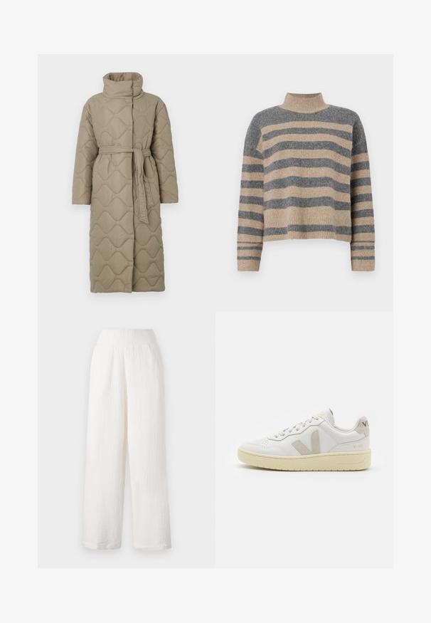 Abrigo largo en tono topo, acolchado, con cuello alto y cinturón de tela a juego atado en la cintura, que presenta un diseño de costura en patrón de olas en toda su superficie.; Suéter de punto a rayas en colores gris y beige, con cuello alto, mangas anchas con puños, y un corte relajado con un diseño recortado.; Pantalones de pierna ancha blancos con un tejido texturizado y arrugado. Cuenta con una cinturilla elástica y bolsillos laterales para mayor comodidad.; Zapatilla de piel blanca con acentos de ante beige, caja de puntera perforada, cordones planos y suela texturizada en color crema. Cuenta con un branding sutil en el talón.
