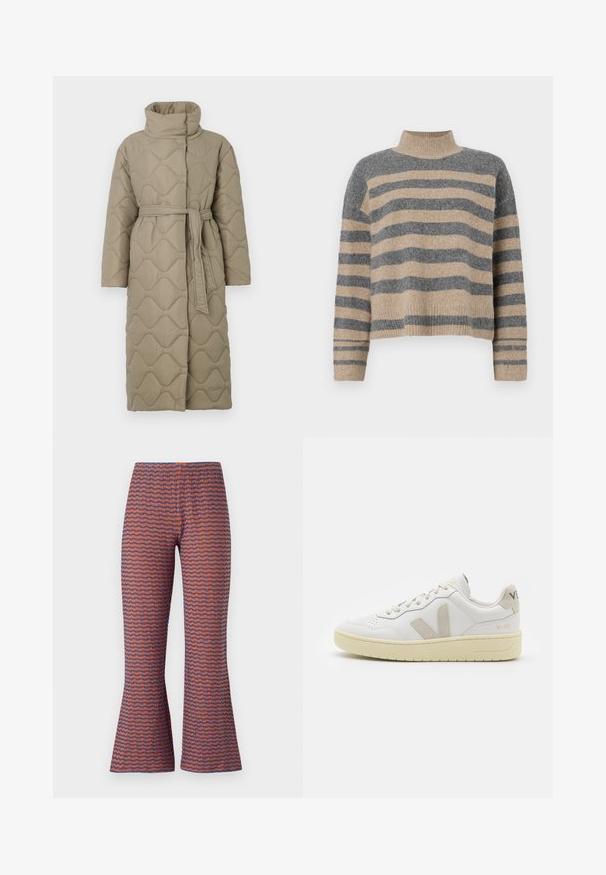 Langer taubefarbener gesteppter Mantel mit hohem Kragen und passendem Stoffgürtel, der in der Taille gebunden ist, mit Wellenmuster-Steppung. ; Gestreifter Strickpullover in Grau- und Beigetönen, mit hohem Kragen, breiten Bündchen an den Ärmeln und einer lockeren Passform im verkürzten Design.; Musterhosen mit weitem Schnitt und Wellenmuster in Orange und Blau, aus texturiertem Stoff mit elastischem Bund für hohen Tragekomfort.; Weiße Ledersneaker mit beigen Wildlederakzenten, perforierte Zehenbox, flache Schnürsenkel und eine strukturierte cremefarbene Sohle. Mit dezentem Branding an der Ferse.