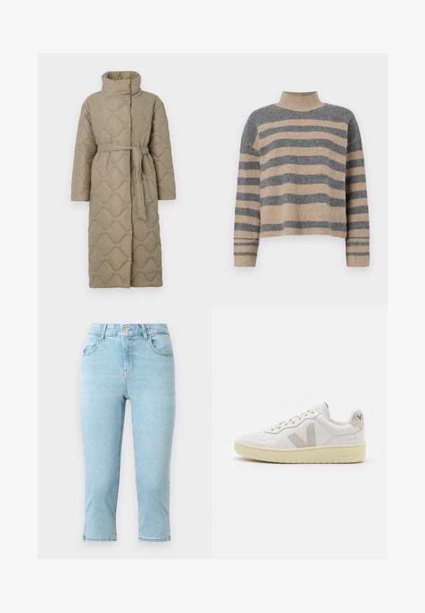 Pikk taupe värvi tikitud mantel kõrge kraega ja sobiva materjalist vööga, mis on seotud vöökohal, ning kogu ulatuses on lainelise mustriga tikand.; Triibuline kudumipusa, millel on hallid ja beezid toonid, kõrge kaelus, laiad mansetid ja vabalt langev lõige koos lühendatud disainiga.; Hele sinine denimpüksi, kõrge talje, lühendatud pikkus, viis taskut ja õmblustes ning hemides tikandid.; Valge nahast tenniseking, millel on beežist siidist aktsent ja aukudega varvas, lame paelad ja tekstureeritud koorevärvi tallad. Omab nüansirikast brändimist kannal.