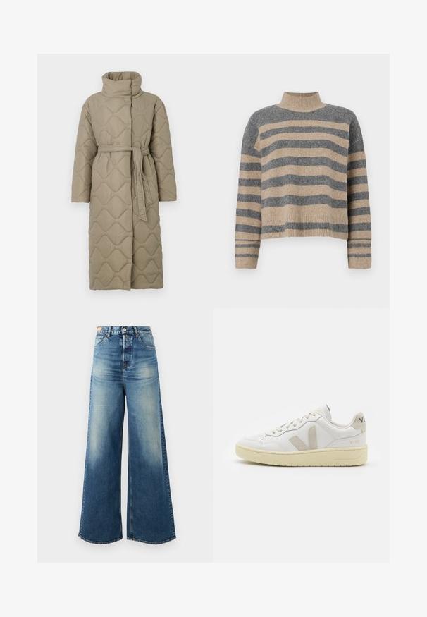 Pikk taupe värvi tikitud mantel kõrge kraega ja sobiva materjalist vööga, mis on seotud vöökohal, ning kogu ulatuses on lainelise mustriga tikand.; Triibuline kudumipusa, millel on hallid ja beezid toonid, kõrge kaelus, laiad mansetid ja vabalt langev lõige koos lühendatud disainiga.; Laiad sinise denimi teksad hägusa viimistlusega, kõrge vöökoht ja klassikaline viie tasku disain. Omab vaskseid detaile ja narmendavaid äärte.; Valge nahast tenniseking, millel on beežist siidist aktsent ja aukudega varvas, lame paelad ja tekstureeritud koorevärvi tallad. Omab nüansirikast brändimist kannal.