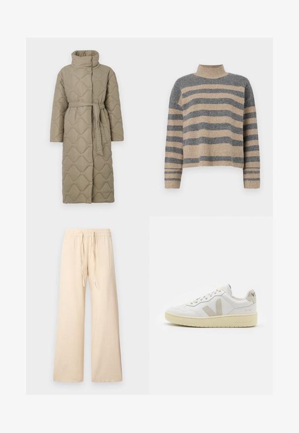 Casaco longo em taupe, acolchoado, com gola alta e cinto de tecido a condizer atado à cintura, apresentando um acolchoado em padrão de ondas por toda a parte.; Sweater de malha às riscas com cores cinza e bege, gola alta, mangas largas com punhos e um corte solto com design cropped.; Calças bege de perna larga feitas de tecido macio, com cintura elástica e cordão, sem padrões ou detalhes visíveis.; Sapatilha de couro branca com detalhes em camurça bege, biqueira perfurada, atacadores planos e sola texturizada creme. Apresenta uma marcação subtil no calcanhar.