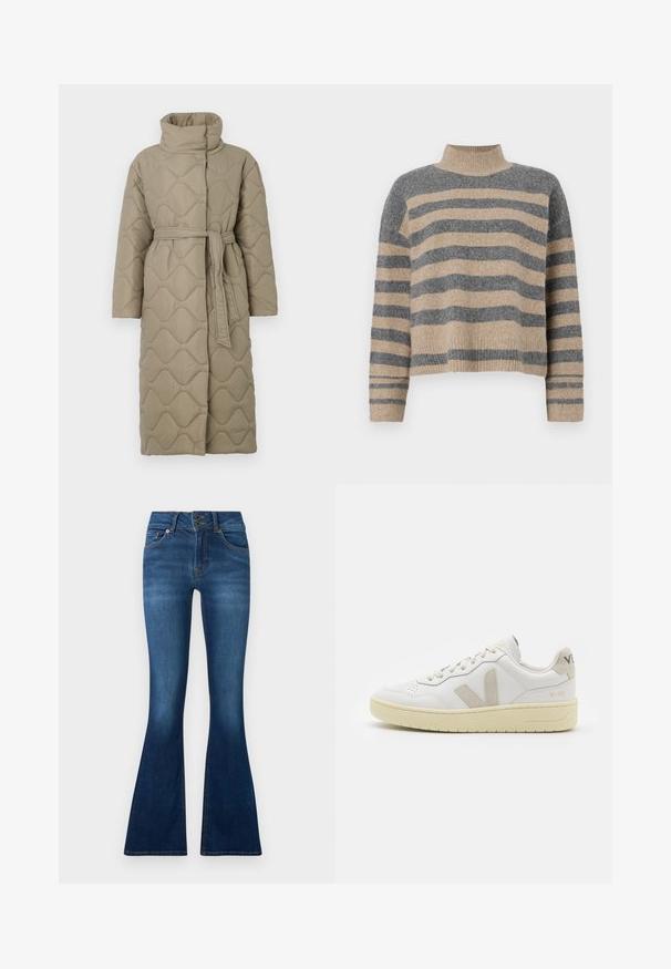 Manteau lung de culoare taupe, matlasat, cu guler înalt și curea din același material legată în talie, având o broderie în formă de valuri pe întreaga suprafață.; Pulover tricotat cu dungi, în culori gri și bej, guler înalt, mâneci late cu manșete și o croială lejeră cu un design scurt.; Jeans evazați din jeans de culoare albastru închis. Prezintă o închidere cu două butoane, cinci buzunare și detalii de decolorare pe picioare. Design standard al taliei.; Pantofii sport din piele albă cu accente din suede bej, cutie pentru degete perforată, șireturi plate și o talpă texturată de crem. Prezintă branding subtil pe călcâi.