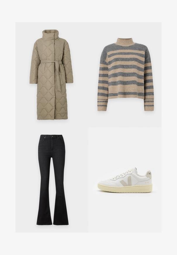 Dolga taupe puhovka s visokim ovratnikom in pasom iz iste tkanine, zavezanim na pasu, ki vsebuje šivane vzorce valov v celotni dolžini.; Prajčast pulover z šivi v sivi in bež barvi, visokim ovratnikom, širokimi manšetami in sproščenim krojem s skrajšano zasnovo.; Črne široke kavbojke iz denima, z visokim pasom, sprednjimi žepi in klasičnim pet žepnim dizajnom ter kovinskimi gumbi.; Bela usnjena tenisača z bež semiš poudarki, perforiranim prednjim delom, ravnimi vezalkami in strukturiranim kremnim podplatom. Ima diskretno blagovno znamko na peti.