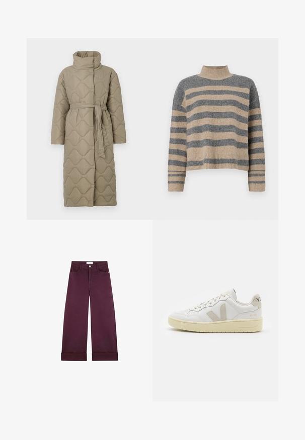 Langer taubefarbener gesteppter Mantel mit hohem Kragen und passendem Stoffgürtel, der in der Taille gebunden ist, mit Wellenmuster-Steppung. ; Gestreifter Strickpullover in Grau- und Beigetönen, mit hohem Kragen, breiten Bündchen an den Ärmeln und einer lockeren Passform im verkürzten Design.; Weite Hosen aus tiefburgunderfarbenem Denim, mit vorderen Taschen, einem Knopfverschluss und umgeschlagenen Säumen für zusätzliche Details.; Weiße Ledersneaker mit beigen Wildlederakzenten, perforierte Zehenbox, flache Schnürsenkel und eine strukturierte cremefarbene Sohle. Mit dezentem Branding an der Ferse.