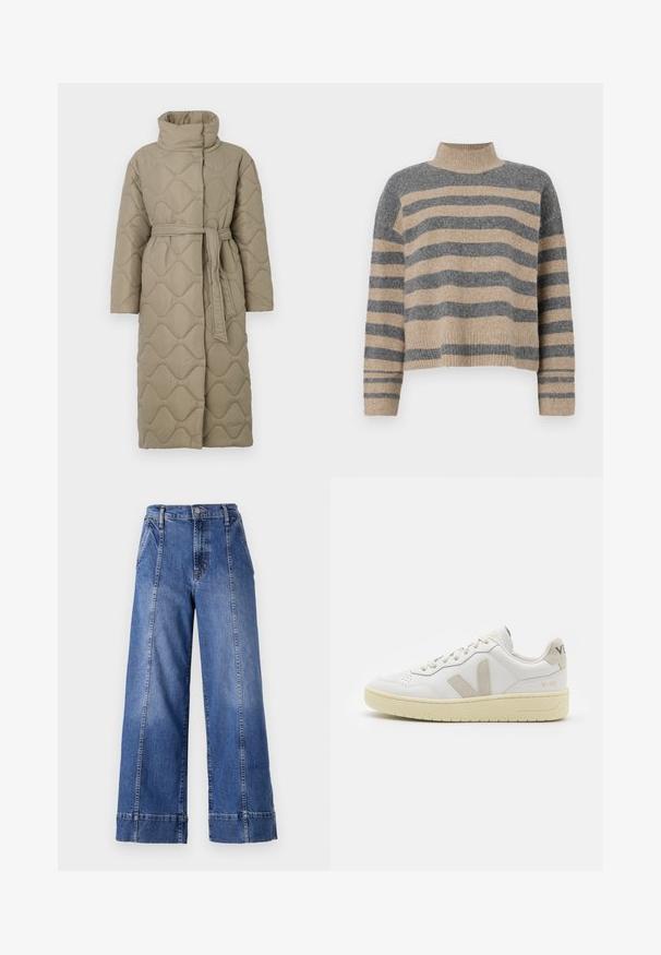 Manteau lung de culoare taupe, matlasat, cu guler înalt și curea din același material legată în talie, având o broderie în formă de valuri pe întreaga suprafață.; Pulover tricotat cu dungi, în culori gri și bej, guler înalt, mâneci late cu manșete și o croială lejeră cu un design scurt.; Jeans din denim albastru cu picioare largi și talie înaltă, având închidere cu buton, buzunare frontale și cusături vizibile de-a lungul cusăturilor laterale.; Pantofii sport din piele albă cu accente din suede bej, cutie pentru degete perforată, șireturi plate și o talpă texturată de crem. Prezintă branding subtil pe călcâi.