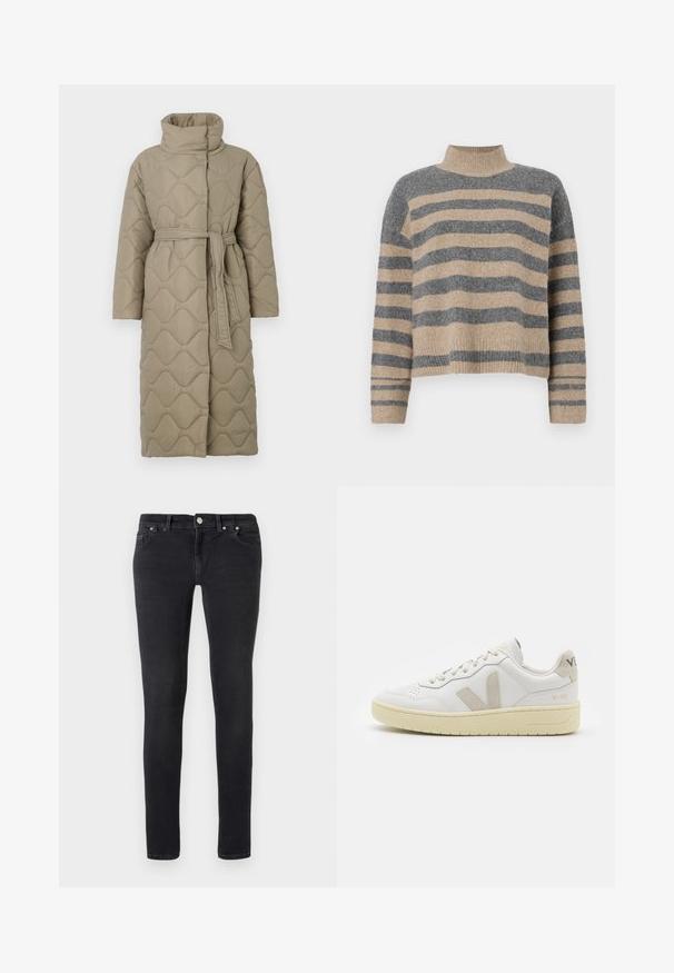 Casaco longo em taupe, acolchoado, com gola alta e cinto de tecido a condizer atado à cintura, apresentando um acolchoado em padrão de ondas por toda a parte.; Sweater de malha às riscas com cores cinza e bege, gola alta, mangas largas com punhos e um corte solto com design cropped.; Jeans pretos slim-fit com design de cinco bolsos, fecho de botão e passantes para cinto, dispostos numa superfície plana de fundo branco.; Sapatilha de couro branca com detalhes em camurça bege, biqueira perfurada, atacadores planos e sola texturizada creme. Apresenta uma marcação subtil no calcanhar.