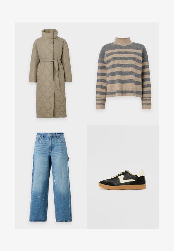 Casaco longo em taupe, acolchoado, com gola alta e cinto de tecido a condizer atado à cintura, apresentando um acolchoado em padrão de ondas por toda a parte.; Sweater de malha às riscas com cores cinza e bege, gola alta, mangas largas com punhos e um corte solto com design cropped.; Calças cargo de denim azul claro com pernas largas, secções desbotadas e detalhes de respingos de tinta. Apresenta bolsos laterais e uma fecho de botão.; Sapatilha em camurça e couro pretos com um swoosh lateral em creme e um calcanhar em creme claro. Apresenta atacadores bege e uma sola de borracha tipo gum.