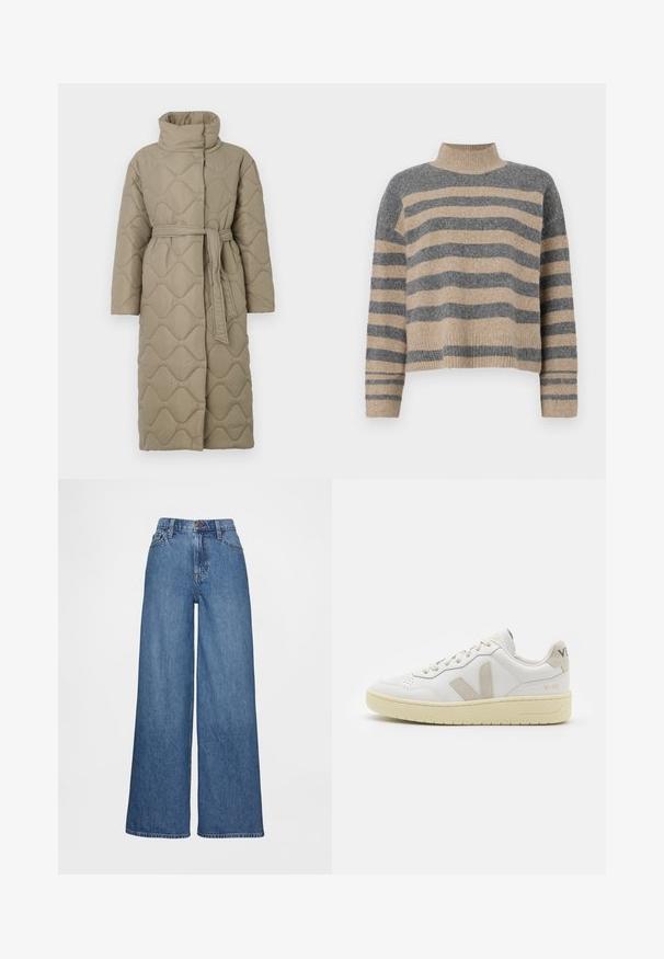 Casaco longo em taupe, acolchoado, com gola alta e cinto de tecido a condizer atado à cintura, apresentando um acolchoado em padrão de ondas por toda a parte.; Sweater de malha às riscas com cores cinza e bege, gola alta, mangas largas com punhos e um corte solto com design cropped.; Calças de ganga de perna larga em denim azul médio, com cintura alta, passadores para cinto e fecho de botão. Textura suave com detalhes mínimos de costura.; Sapatilha de couro branca com detalhes em camurça bege, biqueira perfurada, atacadores planos e sola texturizada creme. Apresenta uma marcação subtil no calcanhar.