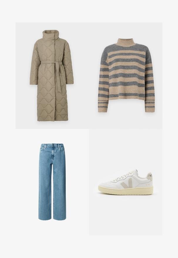 Dugi taupe kaput s kvadrama s visokim ovratnikom i remenom od istog materijala zavezanim u struku, s valovitim uzorkom šivanja kroz cijelu površinu.; Prugasti pleteni džemper u sivoj i bež boji, s visokim ovratnikom, širokim rukavima s manžetama i opuštenim krojem koji je skraćen.; Plave traper široke hlače s visokim strukom, s remenim petljama, patentnim zatvaračem i poderanim rubovima. Tkanina ima mekan i glatak osjećaj.; Bijele kožne tenisice s bež nubuk naglascima, perforiranim prednjim dijelom, ravnim čipkama i teksturiranom kremastom potplatom. Sadrži suptilni brend na pete.