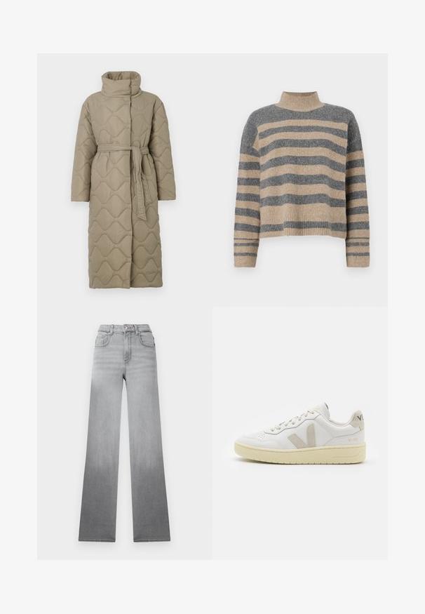 Dolga taupe puhovka s visokim ovratnikom in pasom iz iste tkanine, zavezanim na pasu, ki vsebuje šivane vzorce valov v celotni dolžini.; Prajčast pulover z šivi v sivi in bež barvi, visokim ovratnikom, širokimi manšetami in sproščenim krojem s skrajšano zasnovo.; Sive hlače z bledim ombre učinkom, visok pas, klasičen pet-džepni slog in ravna široka nogavica iz denim materiala.; Bela usnjena tenisača z bež semiš poudarki, perforiranim prednjim delom, ravnimi vezalkami in strukturiranim kremnim podplatom. Ima diskretno blagovno znamko na peti.
