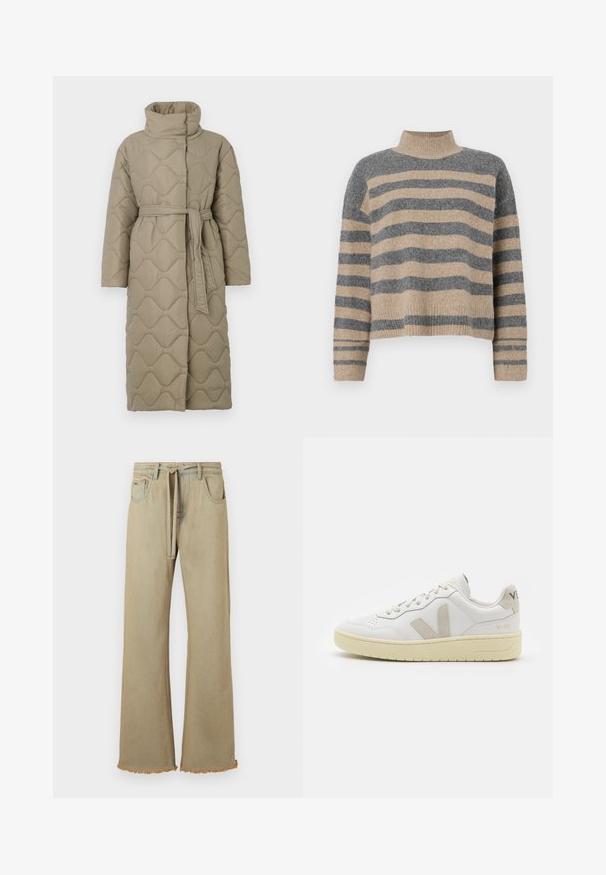 Dugi taupe kaput s kvadrama s visokim ovratnikom i remenom od istog materijala zavezanim u struku, s valovitim uzorkom šivanja kroz cijelu površinu.; Prugasti pleteni džemper u sivoj i bež boji, s visokim ovratnikom, širokim rukavima s manžetama i opuštenim krojem koji je skraćen.; Brašnjava široka traperica s raspucanim rubom, izrađena od denima, s remenom i četiri džepa. Glatka tekstura s vidljivim šavovima.; Bijele kožne tenisice s bež nubuk naglascima, perforiranim prednjim dijelom, ravnim čipkama i teksturiranom kremastom potplatom. Sadrži suptilni brend na pete.
