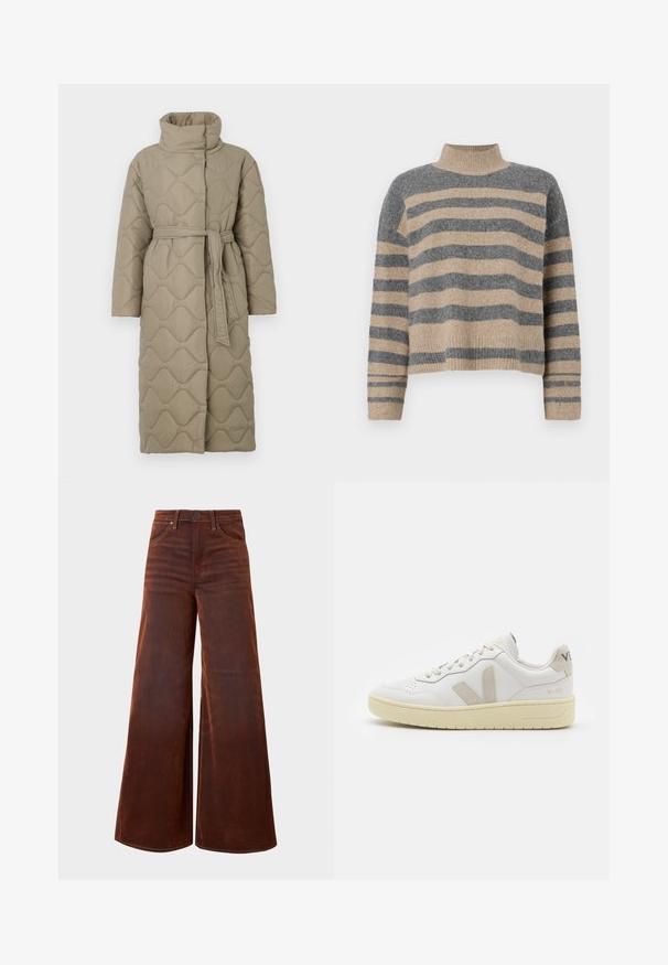 Ilgas taupe spalvos siuvinėtas paltas su aukštu apykakle ir derančiu audinio diržu, suvytu juosmenyje, su banguotu raštu siuvinėjimu visame paviršiuje.; Dryžuotas mezginys su pilkos ir smėlio spalvomis, aukštu kaklu, plačiomis rankovėmis su atvartais ir laisvu siluetu, trumpesnio ilgio.; Aukštos talijos, plačių kojų rudos džinsai su priekinėmis kišenėmis, diržo kilpomis ir mygtuko uždarymu, rodomi prieš paprastą foną.; Balti odiniai sportbačiai su kreminiais zomšos akcentais, perforuota pirštų dalimi, plokščiomis raišteliais ir struktūruota kreminėmis padomis. Ant kulno yra subtilus ženklinimas.