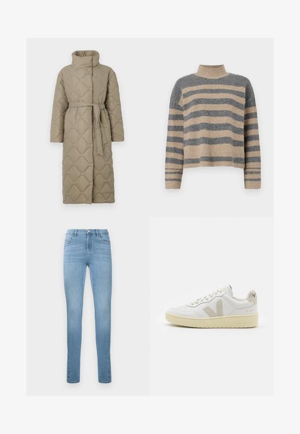 Garšs pelēkbrūns quiltēts mētelis ar augstu apkakli un atbilstošu auduma jostu, kas sasieta ap vidukli, ar viļņu raksta šuvēm visā virsmā.; Raitaināta džemperis ar pelēkajām un bežām krāsām, augstu apkakli, platām aprocēm un brīvu piegriezumu ar īsu dizainu.; Gaiši zili skinny džinsi no denima. Satur piecas kabatas, jostu cilpas un priekšējo pogu aizdari. Gluda tekstūra ar nelielu izbalēšanu.; Baltas ādas sporta apavu pāris ar bēšiem zamša akcentiem, caurumiņu purngalā, plakanu šņorēšanu un teksturētu krēmkrāsas zoli. Iezīmējas ar diskrētu zīmolu uz papēža.