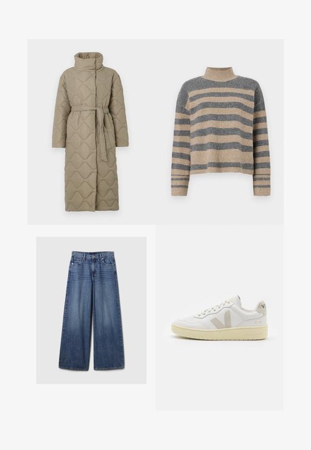 Dolga taupe puhovka s visokim ovratnikom in pasom iz iste tkanine, zavezanim na pasu, ki vsebuje šivane vzorce valov v celotni dolžini.; Prajčast pulover z šivi v sivi in bež barvi, visokim ovratnikom, širokimi manšetami in sproščenim krojem s skrajšano zasnovo.; Široke jeans hlače iz modrega denima z bledečim finišem, z gumbom in zadrgo, petimi žepi in zanko za pas.; Bela usnjena tenisača z bež semiš poudarki, perforiranim prednjim delom, ravnimi vezalkami in strukturiranim kremnim podplatom. Ima diskretno blagovno znamko na peti.
