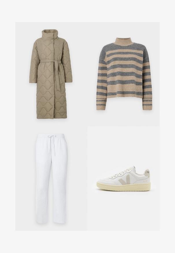 Manteau long en taupe matelassé avec col haut et ceinture en tissu assorti nouée à la taille, présentant des coutures en motif de vagues sur l'ensemble.; Pull en maille rayé aux couleurs grises et beiges, col haut, manches large à poignet, coupe décontractée avec un design court.; Pantalon de pyjama bleu clair avec un motif texturé, taille élastique et cordon de serrage. Conception à jambes droites, tissu léger.; Baskets blanches en cuir avec des accents en daim beige, boîte à orteils perforée, lacets plats et semelle texturée crème. Présente un logo discret au talon.