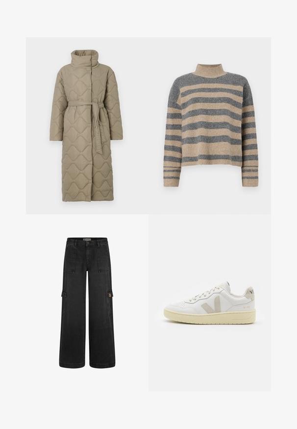 Lang taupe quiltet frakke med høj krave og bælte i matchende stof bundet i taljen, med bølge-mønster syninger over hele.; Striktrøje med striber i grå og beige farver, høj hals, brede manchetærmer og en afslappet pasform med et cropped design.; Sorte cargo-bukser med afslappet pasform, elastisk talje, flere frontlommer og sidelommer. Fremstillet af slidstærkt denim-materiale.; Hvide lærreds sneakers med beige ruskindsdetaljer, perforeret tåboks, flade snørebånd og en struktureret cremefarvet sål. Har diskret branding på hælen.