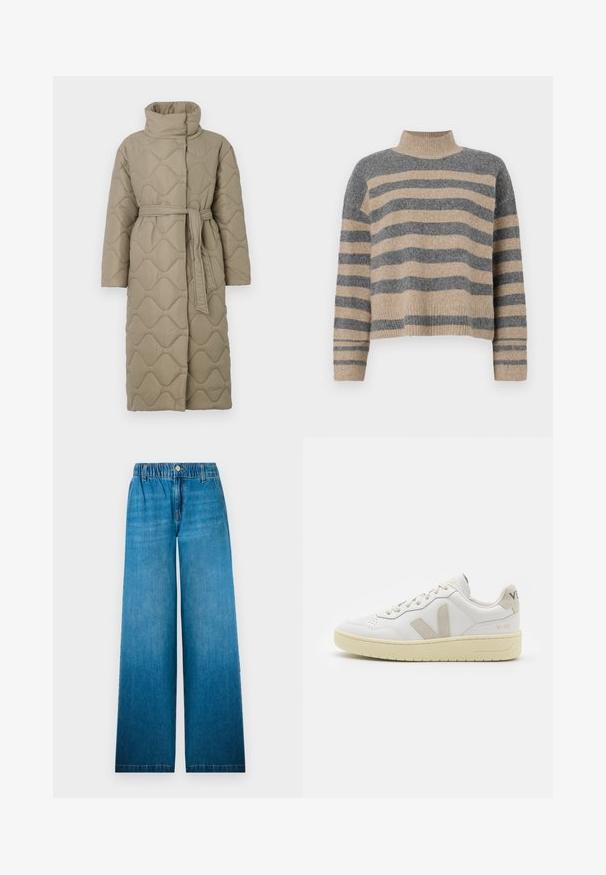 Dugi taupe kaput s kvadrama s visokim ovratnikom i remenom od istog materijala zavezanim u struku, s valovitim uzorkom šivanja kroz cijelu površinu.; Prugasti pleteni džemper u sivoj i bež boji, s visokim ovratnikom, širokim rukavima s manžetama i opuštenim krojem koji je skraćen.; Široke traperice od svijetloplavog denima, s elastičnim pojasom, kopčanjem na gumb i ravnim krojem s izblijedjelim efektom.; Bijele kožne tenisice s bež nubuk naglascima, perforiranim prednjim dijelom, ravnim čipkama i teksturiranom kremastom potplatom. Sadrži suptilni brend na pete.