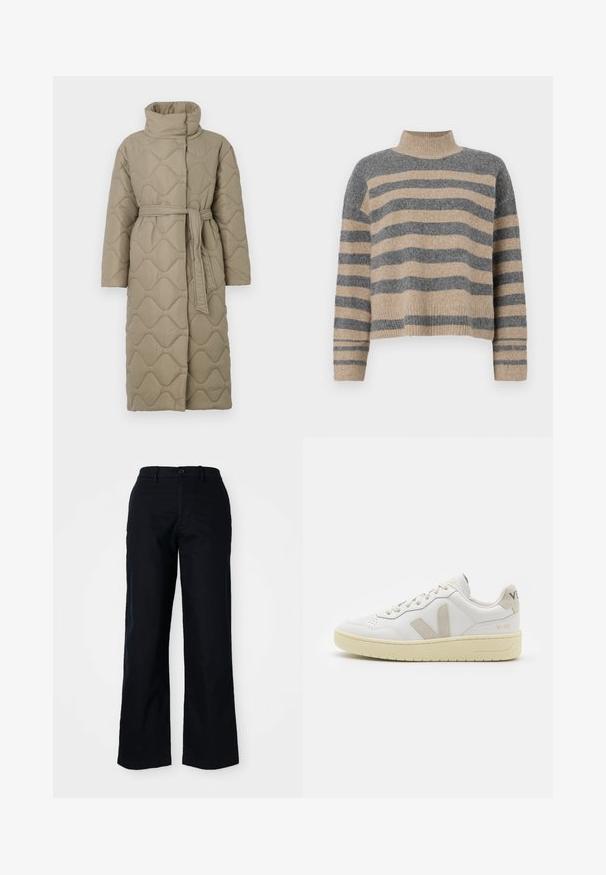 Długi, taupe'owy, pikowany płaszcz z wysokim kołnierzem i pasującym paskiem z materiału związanym w talii, z falistym wzorem przeszyć na całej powierzchni.; Sweter w paski z dzianiny w kolorach szaro-beżowych, z wysokim kołnierzem, szerokimi rękawami na mankietach i luźnym krojem z krótką długością.; Czarne, szerokie spodnie wykonane z bawełny. Posiadają zapięcie na guzik z przodu, szlufki na pasek oraz gładką fakturę. Bez widocznych wzorów czy akcentów.; Białe skórzane trampki z beżowymi zamszowymi akcentami, perforowanym noskiem, płaskimi sznurowadłami i teksturowaną kremową podeszwą. Posiadają subtelne logo na pięcie.