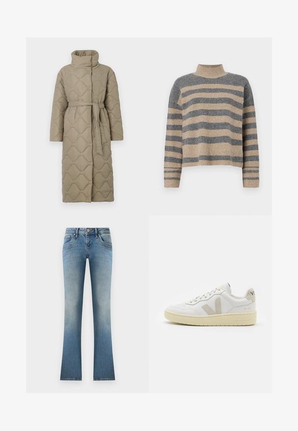 Pitkä taupe-värinen tikattu takki, jossa on korkea kaulus ja samaa kangasta oleva vyö solmittuna vyötärölle. Takissa on aallokkomuotoista tikkausta koko matkalta.; Raidallisen neulepaidan harmaan ja beigen sävyiset värit, korkea kaulus, leveät hihansuut ja rento istuvuus lyhyellä leikkauksella.; Vaaleansiniset leveälahkeiset farkut, jotka on valmistettu denimistä. Ominaisuuksiin kuuluu haalistunut pesu, viisi taskua ja nappisulku vyötäröllä, jossa on vyölenkit.; Valkoiset nahkakengät, joissa on vaaleanruskeat pigmenttisuojat, rei'itetty kärki, litteät nauhat ja teksturoitu kermaisa pohja. Takana on huomaamaton brändäys.