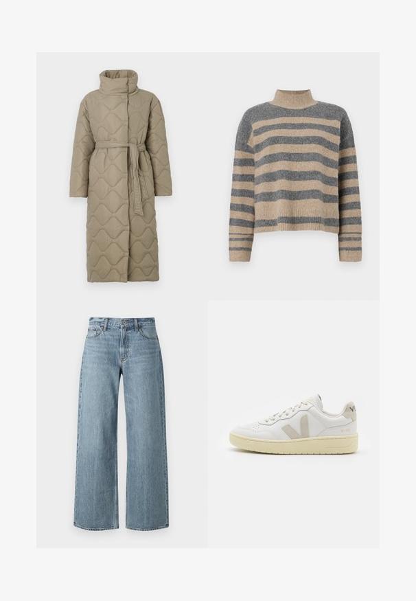 Abrigo largo en tono topo, acolchado, con cuello alto y cinturón de tela a juego atado en la cintura, que presenta un diseño de costura en patrón de olas en toda su superficie.; Suéter de punto a rayas en colores gris y beige, con cuello alto, mangas anchas con puños, y un corte relajado con un diseño recortado.; Jeans de mezclilla azul claro de pierna ancha con una cintura alta, que presentan una textura desgastada, cinco bolsillos y un cierre frontal de botón.; Zapatilla de piel blanca con acentos de ante beige, caja de puntera perforada, cordones planos y suela texturizada en color crema. Cuenta con un branding sutil en el talón.