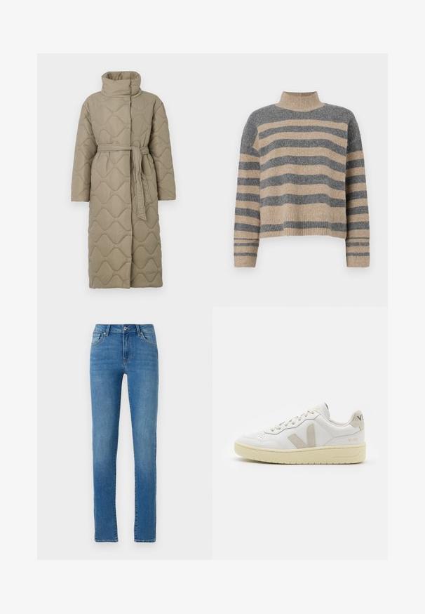 Hosszú taupe színű steppelt kabát magas gallérral és azonos anyagból készült övvel, amely a deréknál van megkötve, hullámmintás varrással az egész felületen.; Csíkos kötött pulóver szürke és bézs színekkel, magas gallérral, széles mandzsettás ujjal és laza, rövidített fazonnal.; Kék farmernadrág egyenes szabással, öt zsebbel, elülső gombos záródással és finom varrással. Tiszta design, közepes mosással.; Fehér bőr sneaker bézs velúr részletekkel, perforált orr résszel, lapos fűzőkkel és textúrált krémszínű talppal. Finom márkajelzés található a sarkán.