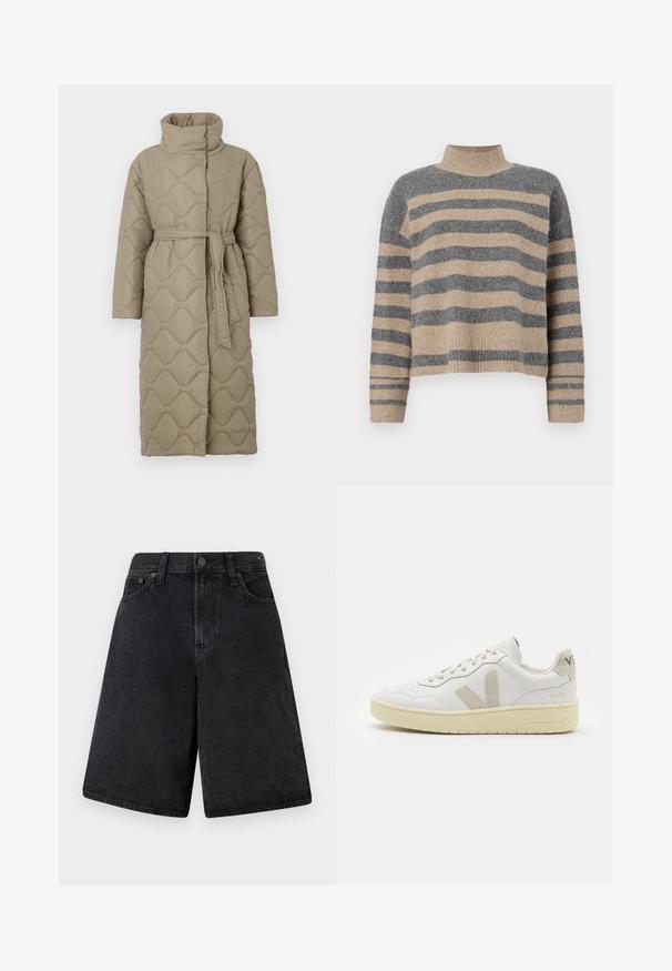 Long taupe quilted coat with high collar and matching fabric belt tied at the waist, featuring wave-pattern stitching throughout.; Striped knit sweater featuring gray and beige colors, high neck, wide cuffed sleeves, and a relaxed fit with a cropped design.; Black denim shorts with a relaxed fit, featuring a high waist, five-pocket design, and a button closure at the front.; White leather sneaker with beige suede accents, perforated toe box, flat laces, and a textured cream sole. Features subtle branding on heel.