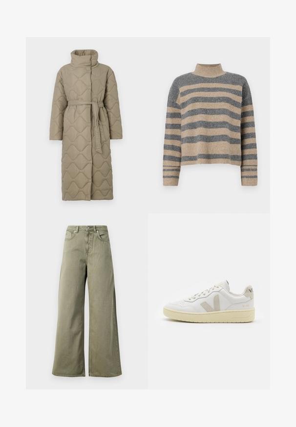 Hosszú taupe színű steppelt kabát magas gallérral és azonos anyagból készült övvel, amely a deréknál van megkötve, hullámmintás varrással az egész felületen.; Csíkos kötött pulóver szürke és bézs színekkel, magas gallérral, széles mandzsettás ujjal és laza, rövidített fazonnal.; Magas derekú, olíva zöld, bőszárú farmernadrág elöl gombbal, cipzárral és öt zsebes kialakítással, fehér háttérrel.; Fehér bőr sneaker bézs velúr részletekkel, perforált orr résszel, lapos fűzőkkel és textúrált krémszínű talppal. Finom márkajelzés található a sarkán.