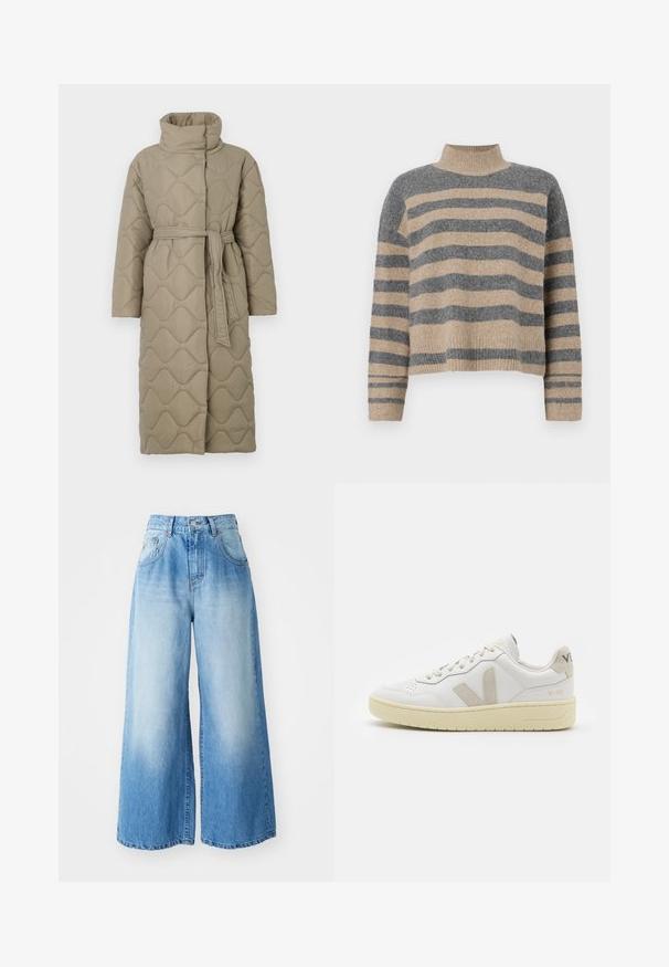 Pitkä taupe-värinen tikattu takki, jossa on korkea kaulus ja samaa kangasta oleva vyö solmittuna vyötärölle. Takissa on aallokkomuotoista tikkausta koko matkalta.; Raidallisen neulepaidan harmaan ja beigen sävyiset värit, korkea kaulus, leveät hihansuut ja rento istuvuus lyhyellä leikkauksella.; Vaaleansiniset leveälahkeiset farkut, jotka on valmistettu farkkukankaasta ja joissa on kulutettu pesu. Farkuissa on korkea vyötärö, nappisuljenta ja sivutaskut.; Valkoiset nahkakengät, joissa on vaaleanruskeat pigmenttisuojat, rei'itetty kärki, litteät nauhat ja teksturoitu kermaisa pohja. Takana on huomaamaton brändäys.