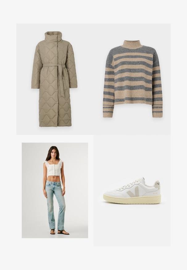 Dlhý taupe prešívaný kabát s vysokým golierom a opaskom z rovnakého materiálu viazaným v páse, so štepovaním vlnkového vzoru po celej ploche.; Prúžkovaný pletený sveter s šedými a béžovými farbami, vysokým golierom, širokými manžetami a voľným strihom s krátkym dizajnom.; Biely crop top s očkovým dizajnom a volánovým lemom, kombinovaný so svetlomodrými rovnými džínsami a čiernymi šľapkami.; Biele kožené tenisky s béžovými semišovými akcentmi, perforovanou špičkou, plochými šnúrkami a textúrovanou krémovou podrážkou. Obsahujú jemné označenie na päte.