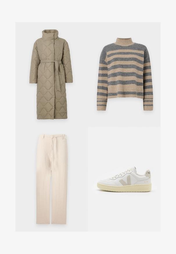 Garšs pelēkbrūns quiltēts mētelis ar augstu apkakli un atbilstošu auduma jostu, kas sasieta ap vidukli, ar viļņu raksta šuvēm visā virsmā.; Raitaināta džemperis ar pelēkajām un bežām krāsām, augstu apkakli, platām aprocēm un brīvu piegriezumu ar īsu dizainu.; Beigu linu bikses ar taisnu kāju dizainu, ar pogu aizdari un auduma jostu viduklī, dodot vieglu un teksturētu izskatu.; Baltas ādas sporta apavu pāris ar bēšiem zamša akcentiem, caurumiņu purngalā, plakanu šņorēšanu un teksturētu krēmkrāsas zoli. Iezīmējas ar diskrētu zīmolu uz papēža.