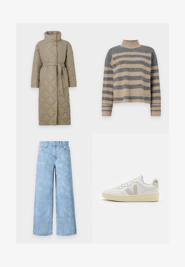 Lange taupe gekwiltde jas met hoge kraag en bijpassende stoffen riem die om de taille is geknoopt, met golfpatroon stiksel over het geheel.; Gestreepte gebreide trui met grijze en beige kleuren, hoge hals, brede mouwen met manchetten en een relaxte pasvorm met een cropped ontwerp.; Lichtblauwe wijde jeans met een vervaagd bloemenpatroon, vijf zakken en een knoopsluiting in de taille. Denim stof met een lichte textuur.; Witte leren sneaker met beige suède accenten, geperforeerde neus, platte veters en een gestructureerde crèmekleurige zool. Heeft subtiele branding op de hak.
