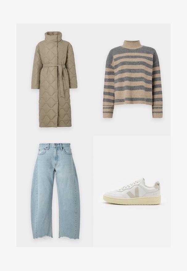 Dolga taupe puhovka s visokim ovratnikom in pasom iz iste tkanine, zavezanim na pasu, ki vsebuje šivane vzorce valov v celotni dolžini.; Prajčast pulover z šivi v sivi in bež barvi, visokim ovratnikom, širokimi manšetami in sproščenim krojem s skrajšano zasnovo.; Svijetloplave traperice s širokim udobnim krojem, poderanim rubom i klasičnim dizajnom s pet džepova. Klasično dugme i zatvarač.; Bela usnjena tenisača z bež semiš poudarki, perforiranim prednjim delom, ravnimi vezalkami in strukturiranim kremnim podplatom. Ima diskretno blagovno znamko na peti.