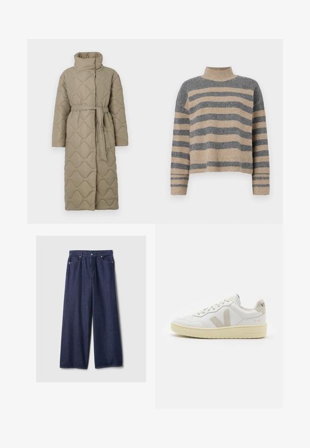 Lang taupe quiltet frakk med høy krage og belte i matchende stoff knyttet rundt livet, med bølgemønster-innsying gjennom hele frakken.; Stripet strikkegenser som har grå og beige farger, høy hals, brede mansjetter og en avslappet passform med kort design.; Bredde jeansbukser i mørk blå med en glatt tekstur, med glidelås, frontlommer og metalliske detaljer.; Hvite lær sneakers med beige semsket detaljer, perforert tåboks, flate lisser og en teksturert kremfarget såle. Har subtil branding på hælen.