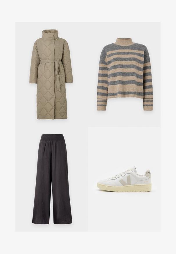Lång taupe-färgad vadderad kappa med hög krage och matchande tygskärp knutet i midjan, med en vågmönstrad sömnad genom hela plagget.; Randig stickad tröja i grå och beige färger, hög krage, vida manschetter och avslappnad passform med en cropped design.; Svarta vida byxor med elastisk midja, tillverkade av ett lätt texturerat tyg, med en lös passform och hel längd.; Vita lädersneakers med beige mockadetaljer, perforerad tåbox, platta snören och en texturerad krämfärgad sula. Har diskret varumärkning på hälen.