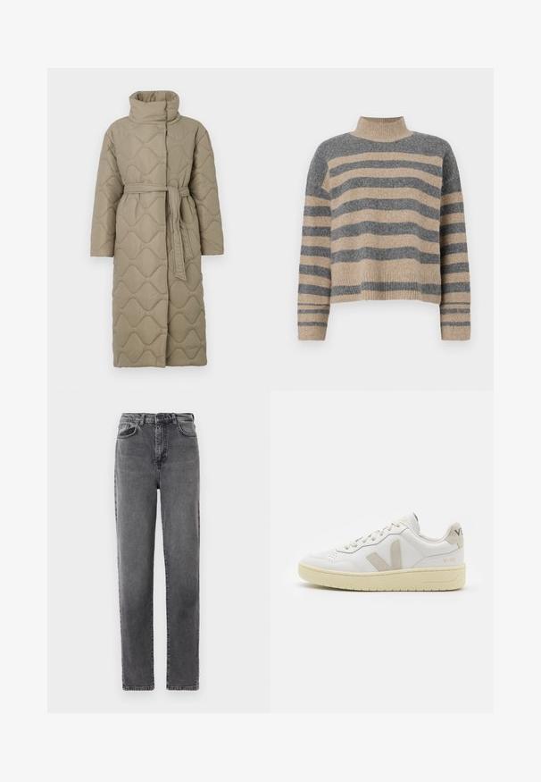 Ilgas taupe spalvos siuvinėtas paltas su aukštu apykakle ir derančiu audinio diržu, suvytu juosmenyje, su banguotu raštu siuvinėjimu visame paviršiuje.; Dryžuotas mezginys su pilkos ir smėlio spalvomis, aukštu kaklu, plačiomis rankovėmis su atvartais ir laisvu siluetu, trumpesnio ilgio.; Aukštu juosmeniu tiesios kojos pilki džinsai su priekiniais mygtukais ir užtrauktuku, priekinėmis ir galinėmis kišenėmis.; Balti odiniai sportbačiai su kreminiais zomšos akcentais, perforuota pirštų dalimi, plokščiomis raišteliais ir struktūruota kreminėmis padomis. Ant kulno yra subtilus ženklinimas.