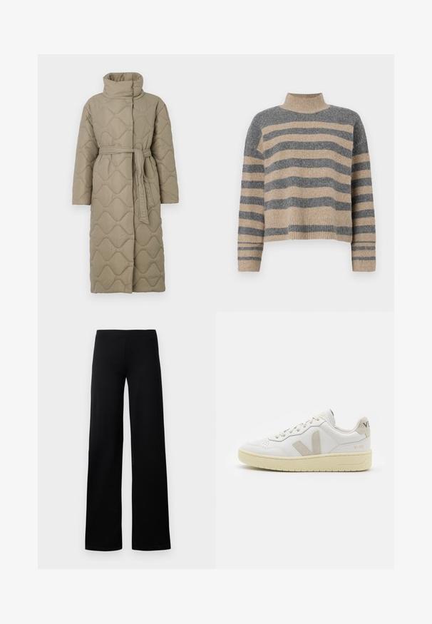 Pikk taupe värvi tikitud mantel kõrge kraega ja sobiva materjalist vööga, mis on seotud vöökohal, ning kogu ulatuses on lainelise mustriga tikand.; Triibuline kudumipusa, millel on hallid ja beezid toonid, kõrge kaelus, laiad mansetid ja vabalt langev lõige koos lühendatud disainiga.; Mustad laiad mustad püksid, mis on valmistatud sileda, veniva kangaga, millel on sujuv elastne vöökoht ja ei ole nähtavaid taskuid ega kaunistusi.; Valge nahast tenniseking, millel on beežist siidist aktsent ja aukudega varvas, lame paelad ja tekstureeritud koorevärvi tallad. Omab nüansirikast brändimist kannal.