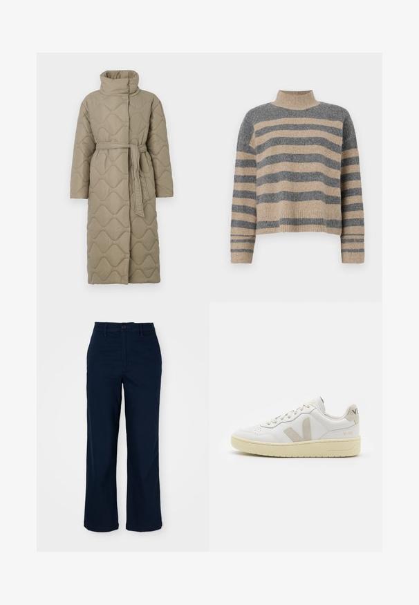 Dlouhý taupe prošívaný kabát s vysokým límcem a opaskem ze stejného materiálu svázaným v pase, se vzorem vlnkového šití po celém povrchu.; Pruhovaný pletený svetr v šedých a béžových barvách, s vysokým krkem, širokými rukávy s manžetami a uvolněným střihem s kráceným designem.; Námořnické modré kalhoty širokého střihu vyrobené z bavlny s knoflíkovým zapínáním, předními kapsami a jemnými švy. Ušitý střih pro pohodlí.; Bílé kožené tenisky s béžovými semišovými akcenty, perforovanou špičkou, plochými tkaničkami a strukturovanou krémovou podešví. Obsahují jemné logo na patě.