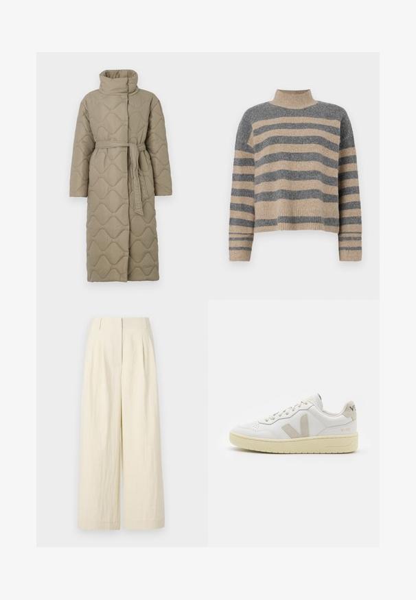 Długi, taupe'owy, pikowany płaszcz z wysokim kołnierzem i pasującym paskiem z materiału związanym w talii, z falistym wzorem przeszyć na całej powierzchni.; Sweter w paski z dzianiny w kolorach szaro-beżowych, z wysokim kołnierzem, szerokimi rękawami na mankietach i luźnym krojem z krótką długością.; Kremowe, szerokie spodnie wykonane z teksturowanej tkaniny. Posiadają fałdy z przodu oraz wysoki stan, co zapewnia luźny krój na całej długości.; Białe skórzane trampki z beżowymi zamszowymi akcentami, perforowanym noskiem, płaskimi sznurowadłami i teksturowaną kremową podeszwą. Posiadają subtelne logo na pięcie.