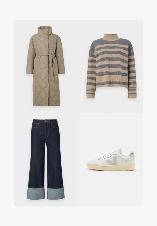 Pikk taupe värvi tikitud mantel kõrge kraega ja sobiva materjalist vööga, mis on seotud vöökohal, ning kogu ulatuses on lainelise mustriga tikand.; Triibuline kudumipusa, millel on hallid ja beezid toonid, kõrge kaelus, laiad mansetid ja vabalt langev lõige koos lühendatud disainiga.; Laiad jalad teksad tumedast denimist, millel on heledast denimist äär. Disain sisaldab eespool taskuid ja kontrastset õmblust.; Valge nahast tenniseking, millel on beežist siidist aktsent ja aukudega varvas, lame paelad ja tekstureeritud koorevärvi tallad. Omab nüansirikast brändimist kannal.