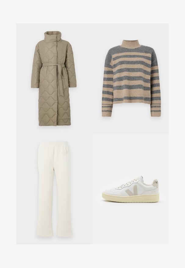 Dolga taupe puhovka s visokim ovratnikom in pasom iz iste tkanine, zavezanim na pasu, ki vsebuje šivane vzorce valov v celotni dolžini.; Prajčast pulover z šivi v sivi in bež barvi, visokim ovratnikom, širokimi manšetami in sproščenim krojem s skrajšano zasnovo.; Kremne trenirke s elastičnim pasom in diskretnim logotipom "GAP" na zgornjem levem boku, prikazane na beli podlagi.; Bela usnjena tenisača z bež semiš poudarki, perforiranim prednjim delom, ravnimi vezalkami in strukturiranim kremnim podplatom. Ima diskretno blagovno znamko na peti.