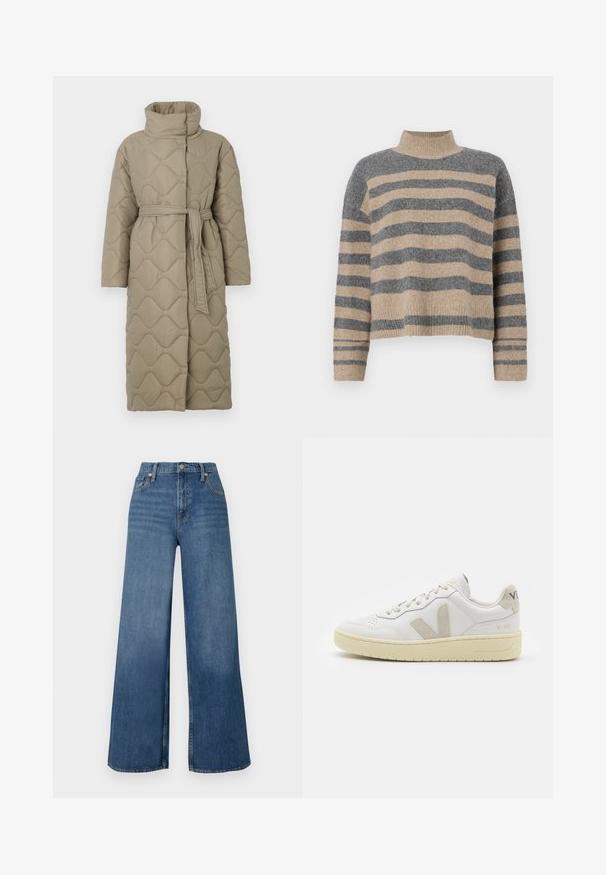 Lang taupe quiltet frakk med høy krage og belte i matchende stoff knyttet rundt livet, med bølgemønster-innsying gjennom hele frakken.; Stripet strikkegenser som har grå og beige farger, høy hals, brede mansjetter og en avslappet passform med kort design.; Bredde ben blå jeans laget av denim, med høy midje, frontlukking med knapp og klassisk fem-lommers design. Glatt tekstur.; Hvite lær sneakers med beige semsket detaljer, perforert tåboks, flate lisser og en teksturert kremfarget såle. Har subtil branding på hælen.