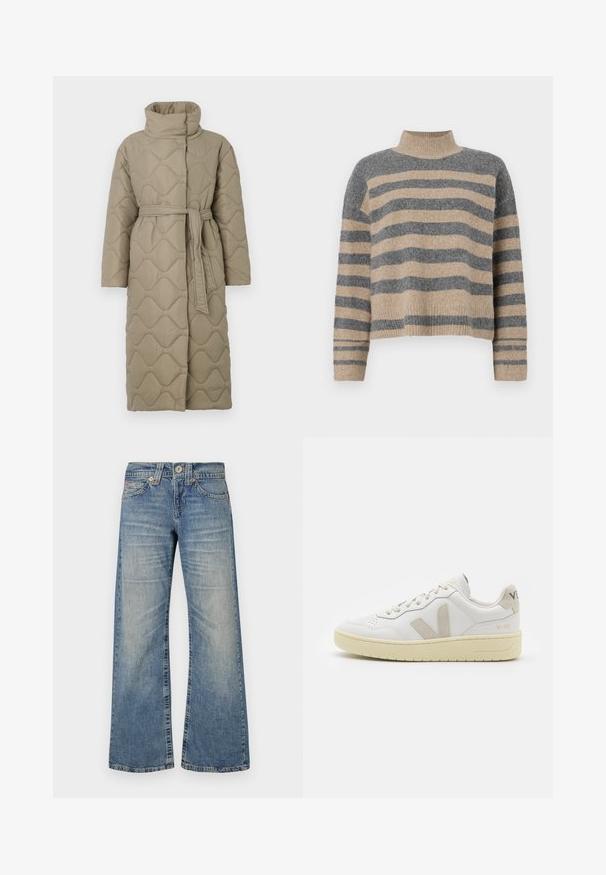 Dolga taupe puhovka s visokim ovratnikom in pasom iz iste tkanine, zavezanim na pasu, ki vsebuje šivane vzorce valov v celotni dolžini.; Prajčast pulover z šivi v sivi in bež barvi, visokim ovratnikom, širokimi manšetami in sproščenim krojem s skrajšano zasnovo.; Svjetloplave široke traperice s srednje visokim strukom, izblijeđene teksture, pet džepova i mesinganom opremom. Sadrže suptilne detalje šivanja.; Bela usnjena tenisača z bež semiš poudarki, perforiranim prednjim delom, ravnimi vezalkami in strukturiranim kremnim podplatom. Ima diskretno blagovno znamko na peti.