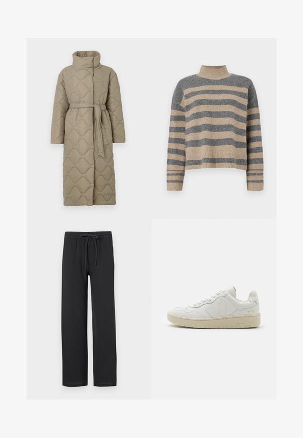 Garšs pelēkbrūns quiltēts mētelis ar augstu apkakli un atbilstošu auduma jostu, kas sasieta ap vidukli, ar viļņu raksta šuvēm visā virsmā.; Raitaināta džemperis ar pelēkajām un bežām krāsām, augstu apkakli, platām aprocēm un brīvu piegriezumu ar īsu dizainu.; Melnas bikses ar brīvu piegriezumu, izgatavotas no teksturētas auduma, ar elastīgu jostasvietu un auklu regulēšanai.; Baltas ādas sporta apavi ar perforētu purngalu, kontrastējošu beigu gumijas zoli un logotipa akcentiem sānos un papēžā. Minimālisma dizains.